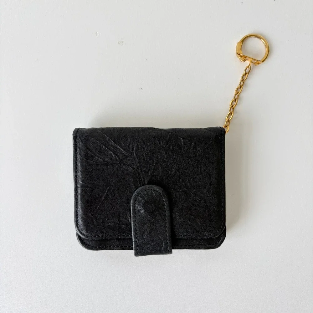 Vintage Black Genuine Leather Mini Wallet Keychain ID Window Bifold Coin Purse